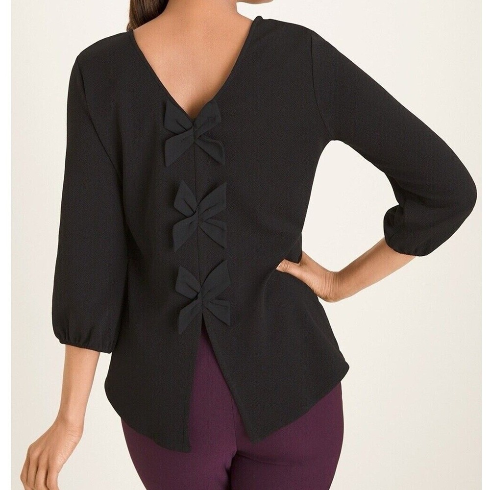 Chicos 2 US L 12 Bow Back Top Black V-Neck Stretchy Elastic Cuff Blouse Feminine